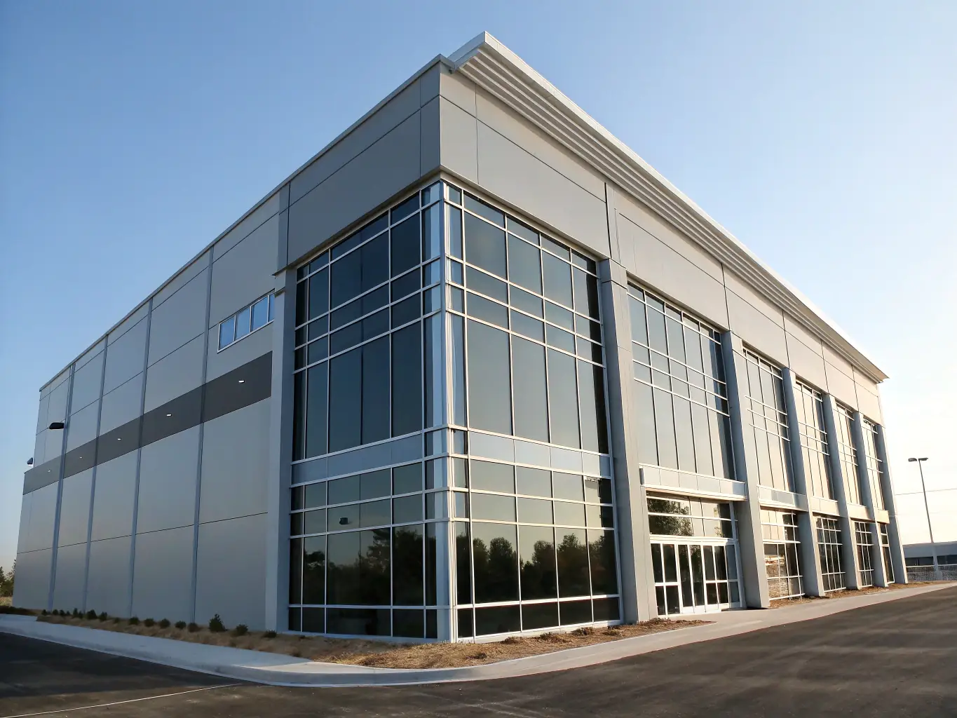 A wide-angle shot of a modern, pre-engineered steel commercial building with large glass windows, showcasing its sleek design and functionality. The building is set against a clear blue sky, emphasizing its durability and aesthetic appeal.
