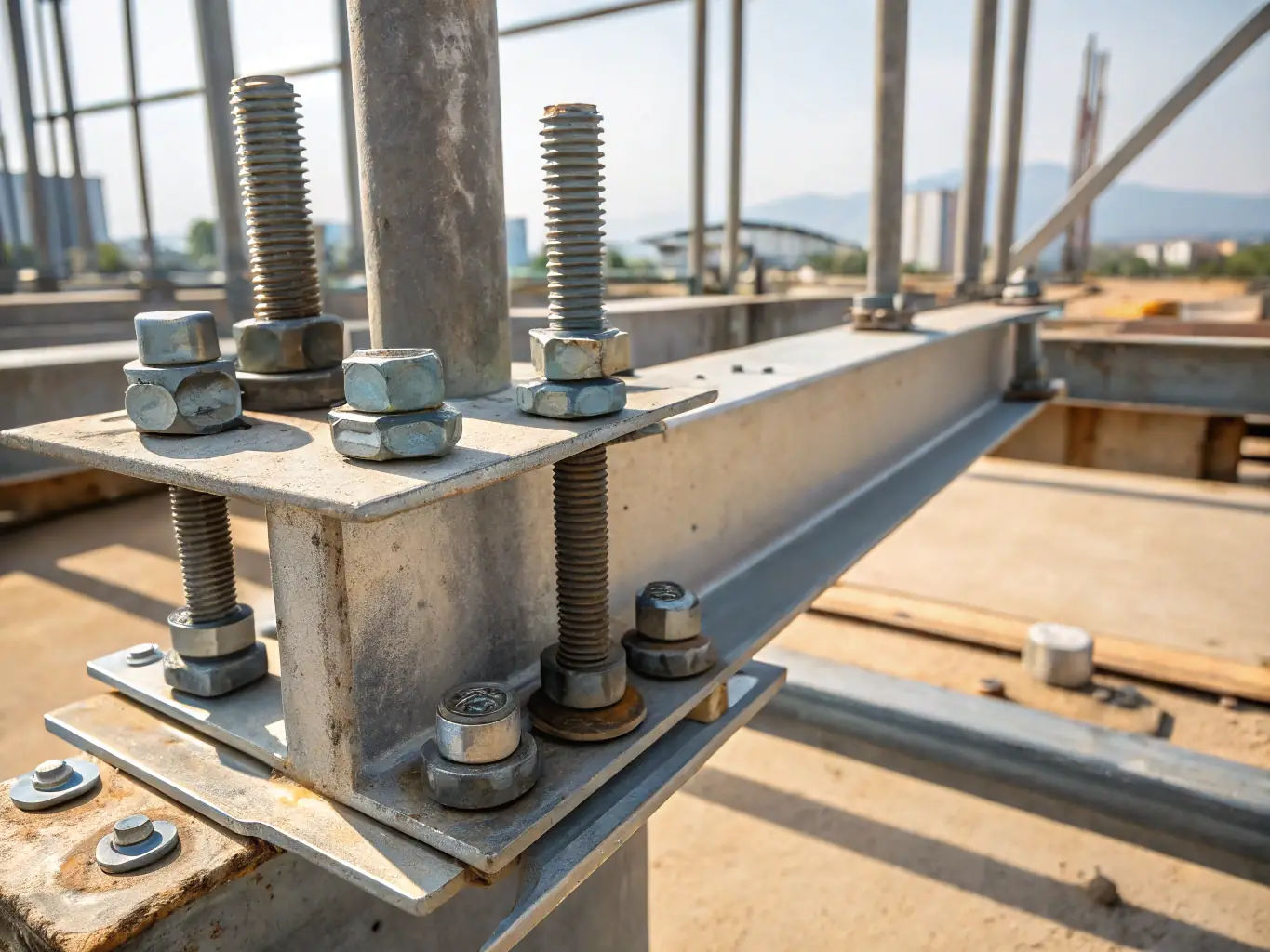 A close-up shot of a steel beam connection in a pre-engineered steel building, showcasing the precision and quality of the construction. The focus is on the strength and durability of the steel components, emphasizing the building's structural integrity.
