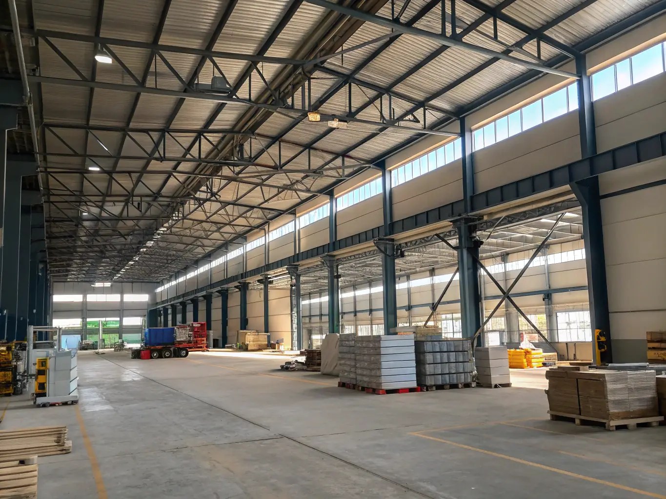 An interior shot of a pre-engineered steel industrial building, highlighting the open space and customizable layout. The building is well-lit and features heavy machinery, demonstrating its suitability for various industrial applications.